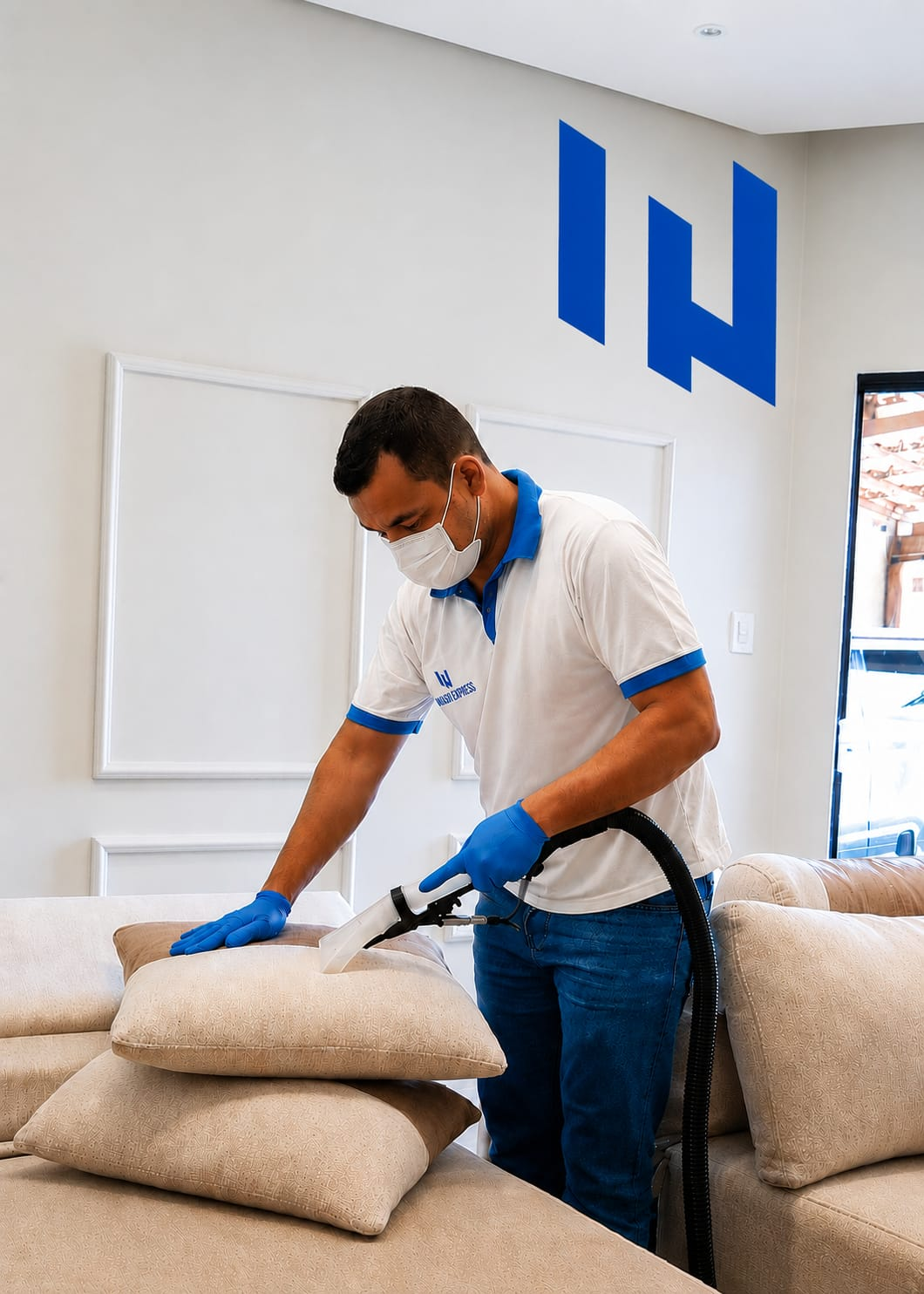 Profissional Wash Express Premium higienizando almofadas com equipamento de extração